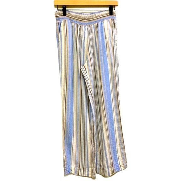 LAND N SEA PANTS WOMEN’S MEDIUM STRIPE CREAM BLUE BROWN 55% LINEN BLEND. - Picture 3 of 16